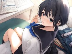 Rule 34 | 1girl, akito (d30n26), bag, black hair, black sailor collar, black skirt, black socks, blue eyes, blue neckerchief, book, breasts, commentary, highres, kneehighs, large breasts, looking at viewer, looking back, messy hair, neckerchief, on bed, open mouth, original, pleated skirt, sailor collar, school bag, school uniform, serafuku, short hair, sitting, skirt, socks, solo, symbol-only commentary, thighs