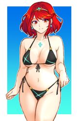 Rule 34 | 1girl, absurdres, adapted costume, bikini, black bikini, blue background, blush, border, breasts, chest jewel, collarbone, earrings, front-tie bikini top, front-tie top, gradient background, groin, highres, jewelry, large breasts, looking at viewer, navel, pyra (xenoblade), red eyes, red hair, short hair, side-tie bikini bottom, smile, solo, swept bangs, swimsuit, tiara, tridisart, white border, xenoblade chronicles (series), xenoblade chronicles 2