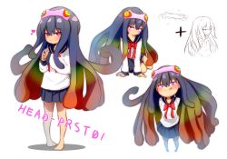 Rule 34 | 1girl, :p, absurdres, arm support, barefoot, black hair, black sailor collar, blue skirt, blush, bow, brown hair, closed mouth, commentary request, gradient hair, green hair, hair between eyes, heart, highres, idaten93, long hair, long sleeves, looking at viewer, multicolored hair, multiple views, original, parasite, pleated skirt, purple eyes, red bow, sailor collar, school uniform, serafuku, shadow, shirt, sitting, skirt, sleeves past wrists, smile, standing, steepled fingers, tongue, tongue out, very long hair, white background, white shirt, yokozuwari