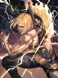 Rule 34 | 1boy, absurdres, axe, belt, belt buckle, biceps, black background, black pants, blonde hair, brown background, buckle, commentary, fate/grand order, fate (series), feet out of frame, gold belt, gradient background, grin, highres, holding, holding axe, holding weapon, lightning, looking at viewer, makitoshi0316, male focus, muscular, muscular male, over shoulder, pants, sakata kintoki (fate), short hair, smile, solo, sunglasses, tight clothes, tight pants, topless male, veins, watch, weapon, weapon over shoulder, wristwatch