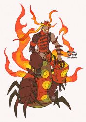 Rule 34 | 1boy, arm belt, armband, baggy pants, blonde hair, boots, centipede boy, centiskorch, creatures (company), dark-skinned male, dark skin, fiery hair, fire, full body, game freak, gen 8 pokemon, gloves, gradient hair, half gloves, hand on own thigh, harurie, knee up, male focus, multicolored hair, nintendo, orange hair, orange pants, pants, personification, pokemon, red-framed eyewear, red footwear, red gloves, red hair, red pants, short hair, short hair with long locks, sideless outfit, single sleeve, solo, tail, tinted eyewear, white background, yellow-tinted eyewear