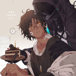 Rule 34 | 1boy, 1other, ?, arknights, bandaid, bandaid on cheek, bandaid on face, bandaid on neck, bespectacled, birthday, birthday cake, black gloves, cake, commentary, dark-skinned male, dark skin, doctor (arknights), ear piercing, english commentary, english text, food, glasses, gloves, happy birthday, highres, holding, holding pen, hood, hood up, jewelry, long sleeves, manjyufroth, necklace, orange eyes, parted lips, pen, piercing, plate, spoken question mark, thorns (arknights), upper body