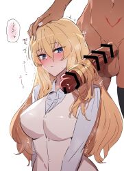 Rule 34 | 2girls, bar censor, black thighhighs, blonde hair, blue eyes, blue shirt, blush, body markings, bottomless, breasts, caenis (fate), censored, closed mouth, commentary, dark-skinned female, dark skin, erection, fate/grand order, fate (series), futa with female, futanari, genderswap, genderswap (mtf), hair between eyes, hairjob, hand on another&#039;s head, heavy breathing, highres, hip bones, kirschtaria wodime, large breasts, long hair, long sleeves, looking at penis, multiple girls, nail polish, navel, penis, sabamori, shirt, simple background, sweat, testicles, thighhighs, twitching, veins, veiny penis, vest, white background, white nails, white vest