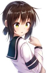 Rule 34 | 1girl, arm warmers, black hair, blue sailor collar, brown eyes, commentary request, fubuki (kancolle), highres, kantai collection, looking at viewer, low ponytail, minarai shachou, ponytail, sailor collar, school uniform, serafuku, short hair, short ponytail, sidelocks, simple background, solo, upper body, white background