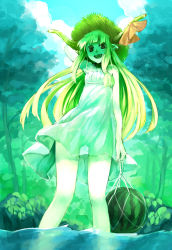 Rule 34 | 1girl, :d, alternate costume, arm behind head, bare shoulders, blonde hair, brown eyes, dress, food, forest, fruit, green theme, hat, horn ornament, horn ribbon, horns, ibuki suika, long hair, nature, nishiuri, open mouth, pointy ears, ribbon, see-through, smile, solo, straw hat, sun hat, sundress, touhou, tree, very long hair, wading, water, watermelon, white dress