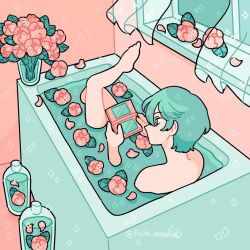Rule 34 | 1boy, aqua eyes, aqua hair, bathroom, bathtub, commentary, completely nude, crossed legs, curtains, emily kim, english commentary, expressionless, fingernails, flower, full body, glass bottle, hair between eyes, handheld game console, holding, holding handheld game console, indoors, instagram username, leaf, male focus, nintendo ds, nude, original, partially submerged, petals, pink background, pink flower, pink rose, playing games, rose, rose petals, short hair, solo, sparkle, toes, vase, water, window