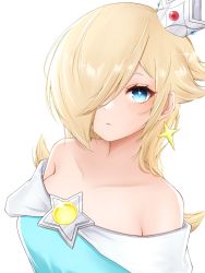 Rule 34 | 1girl, bare shoulders, blonde hair, blue eyes, closed mouth, crown, earrings, hair over one eye, highres, jewelry, looking at viewer, mario (series), nintendo, rosalina, short hair, simple background, solo, star (symbol), star earrings, super mario galaxy, tomatomiya, upper body, white background