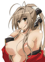 Rule 34 | 10s, 1girl, ahoge, amagi brilliant park, antenna hair, bare shoulders, blush, bow, breasts, brown eyes, brown hair, female focus, hair ribbon, highres, large breasts, long hair, looking at viewer, nipples, no bra, open clothes, ponpon, ponytail, ribbon, sento isuzu, simple background, solo, uniform, white background, yellow eyes