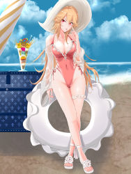 Rule 34 | 1girl, akanbe, ankle ribbon, azur lane, blonde hair, blue sky, breasts, casual one-piece swimsuit, cleavage, cloud, commentary request, covered navel, cross-laced clothes, cross-laced one-piece swimsuit, day, eyelid pull, frilled swimsuit, frills, full body, hat, highleg, highleg swimsuit, highres, horizon, innertube, leg ribbon, long hair, looking at viewer, medium breasts, ocean, one-piece swimsuit, outdoors, parfait, pink one-piece swimsuit, red eyes, ribbon, richelieu (azur lane), richelieu (fleuron of the waves) (azur lane), sandals, side-tie swimsuit, sky, solo, standing, sun hat, swim ring, swimsuit, thigh strap, tongue, tongue out, zubi (skylinezb)