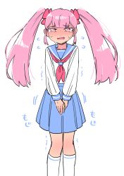 Rule 34 | 1girl, blue sailor collar, blunt bangs, blush, collarbone, colored eyelashes, ear blush, embarrassed, female focus, flat chest, flat color, flying sweatdrops, hair ornament, hair scrunchie, half-closed eyes, have to pee, highres, japanese text, kneehighs, long hair, long sleeves, looking at viewer, miniskirt, neckerchief, nose blush, open mouth, original, own hands together, pink hair, pink scrunchie, pleated skirt, raised eyebrows, red eyes, red neckerchief, sailor collar, scrunchie, shirt, sidelocks, simple background, sketch, skirt, socks, solo, standing, straight-on, suzumushi (tanpopo cha), sweat, tears, translation request, trembling, twintails, v arms, wavy mouth, white background, white shirt, white socks