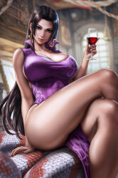 Rule 34 | 1girl, alcohol, artist name, ass, black hair, blue eyes, blurry, blurry background, boa hancock, breasts, collarbone, collared dress, crossed legs, cup, dandon fuga, dress, drinking glass, earrings, highres, holding, holding cup, jewelry, large breasts, long hair, one piece, pelvic curtain, popped collar, purple dress, purple nails, sitting, sleeveless, sleeveless dress, snake earrings, snake tail, solo, tail, window, wine, wine glass