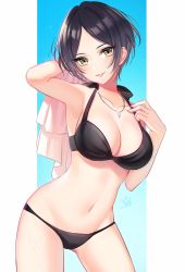 Rule 34 | 1girl, arm behind head, arm up, armpits, bare arms, bare shoulders, bikini, black bikini, black hair, breasts, cleavage, collarbone, commentary request, cowboy shot, glint, gluteal fold, groin, halterneck, hand on own chest, hand up, hayami kanade, head tilt, highres, holding, holding towel, idolmaster, idolmaster cinderella girls, jewelry, large breasts, looking at viewer, mairo, navel, necklace, parted bangs, parted lips, short hair, signature, smile, solo, standing, stomach, swimsuit, thighs, towel, yellow eyes
