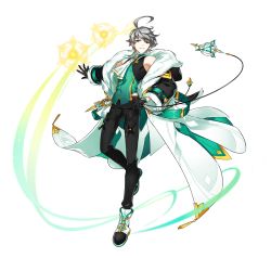 Rule 34 | 1boy, ahoge, ainchase ishmael, artist request, ascot, black gloves, black pants, bluhen (elsword), buckle, coat, elsword, full body, gloves, green eyes, green shirt, grey hair, highres, looking at viewer, magic circle, male focus, official art, pants, pendulum, shirt, shoes, sleeveless, sleeveless shirt, smile, solo, transparent background, white ascot