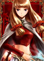 Rule 34 | 1girl, activision, aura, blonde hair, blue eyes, border, cape, card, from software, highres, holding, holding card, katia (rune), long hair, midriff, rune (video game), solo, tomatomatotto, very long hair