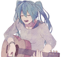 Rule 34 | 1girl, acoustic guitar, blue hair, bracelet, commentary request, closed eyes, grey shirt, guitar, hatsune miku, instrument, jewelry, kobaji, long hair, music, necklace, open mouth, playing instrument, shirt, solo, star (symbol), star necklace, twintails, upper body, vocaloid, white background