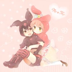Rule 34 | 00s, 2girls, animal ears, apron, blush, boots, conago, elbow gloves, embarrassed, flower, gloves, heart, hug, hug from behind, kneehighs, kuromi, multiple girls, my melody, onegai my melody, personification, pink background, rabbit ears, sanrio, sitting, socks, striped clothes, striped legwear, striped thighhighs, thighhighs, white legwear, zettai ryouiki