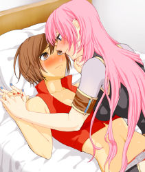 Rule 34 | 2girls, bed, blue eyes, blue nails, blush, brown eyes, brown hair, closed mouth, collarbone, commentary, crop top, eye contact, girl on top, high collar, holding hands, indoors, interlocked fingers, long hair, looking at another, lying, megurine luka, meiko (vocaloid), meiko (vocaloid3), meriko, midriff, multiple girls, nail polish, navel, on back, pillow, pink hair, red nails, red shirt, shirt, short hair, sleeveless, sleeveless shirt, vocaloid, yuri