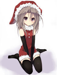 Rule 34 | 10s, 1girl, alternate costume, amano kouki, black gloves, black thighhighs, blush, brown hair, flat chest, fur trim, gloves, hat, heart, heart-shaped pupils, highres, kantai collection, long hair, looking at viewer, no shoes, purple eyes, santa costume, santa hat, sitting, sleeveless, smile, solo, symbol-shaped pupils, thighhighs, v arms, wariza, zuihou (kancolle)