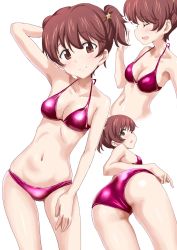 Rule 34 | 10s, 1girl, alisa (girls und panzer), arm behind head, ass, bad id, bad twitter id, bare arms, bare legs, bare shoulders, bikini, breasts, cleavage, closed eyes, closed mouth, collarbone, contrapposto, freckles, gin&#039;you haru, girls und panzer, gluteal fold, hair ornament, halterneck, hand up, highres, inactive account, light smile, looking at viewer, medium breasts, multiple views, navel, pink bikini, shiny clothes, short twintails, simple background, standing, star (symbol), star hair ornament, swimsuit, twintails, white background