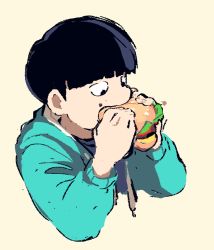 Rule 34 | 1boy, aqua hoodie, black eyes, black hair, blue hoodie, bowl cut, burger, casual, cecil, cropped torso, drawstring, eating, food, food in mouth, food on face, from side, hands up, holding, holding food, hood, hood down, hoodie, jitome, kageyama shigeo, lettuce, long sleeves, looking down, male focus, md5 mismatch, mob psycho 100, resized, resolution mismatch, simple background, solo, source smaller, upper body, upscaled, yellow background