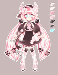 Rule 34 | 1girl, adoptable, aqua eyes, black thighhighs, boots, bow, bowtie, commentary, detached sleeves, flower, frilled skirt, frills, grey background, hair flower, hair ornament, highres, horns, layered skirt, long hair, looking at viewer, original, paeoni-meow, pink hair, pointy ears, ribbon, skirt, smile, thighhighs, twintails, vietnamese clothes, vietnamese dress