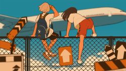 Rule 34 | 2girls, aircraft, airplane, arm support, arrow (symbol), backpack, bag, black shorts, blonde hair, blue sky, blurry, brown hair, chain-link fence, climbing, cloud, commentary request, day, depth of field, fence, flat color, from behind, full body, hieda yawe, jet, long hair, monochrome, multiple girls, on fence, original, outdoors, red shorts, shirt, shoes, short hair, shorts, sign, sitting, sitting on fence, sky, sneakers, t-shirt, white shirt