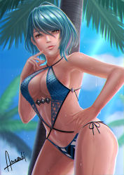 Rule 34 | 1girl, amasaki (yu11142911), armpits, blue one-piece swimsuit, breasts, cleavage, cleavage cutout, clothing cutout, day, dead or alive, dead or alive 6, dead or alive xtreme venus vacation, hair between eyes, halterneck, hand on own hip, highres, large breasts, mole, mole under eye, one-piece swimsuit, outdoors, palm tree, solo, swimsuit, tagme, tamaki (doa), teeth, tree, upper teeth only, wet, wet hair
