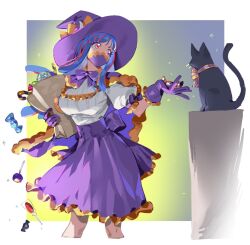 Rule 34 | 1girl, bag, black cat, blue hair, bow, candy, cape, cat, covered mouth, curled horns, dinosaur girl, food, gloves, hat, holding, holding bag, holding candy, holding food, horns, horns through headwear, long hair, mask, mouth mask, multicolored hair, one piece, paper bag, pink eyes, pink hair, purple bow, purple cape, purple gloves, purple hat, purple mask, purple skirt, raine (acke2445), shirt tucked in, skirt, solo, streaked hair, ulti (one piece), witch, witch hat