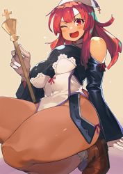 Rule 34 | 1girl, bare shoulders, breasts, clothing cutout, harusame-r, holding, holding scepter, la pucelle, long hair, long sleeves, looking at viewer, medium breasts, mole, mole under eye, one eye closed, open mouth, pantyhose, prier, red eyes, red hair, scepter, shoulder cutout, smile, solo, thick thighs, thighs