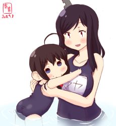Rule 34 | 2girls, age difference, artist logo, ass, black hair, blue eyes, blue one-piece swimsuit, blush, braid, breasts, brown hair, collarbone, dated, graphite (medium), hair flaps, hair ornament, hair over shoulder, hair ribbon, headgear, highres, kanon (kurogane knights), kantai collection, large breasts, long hair, multiple girls, one-piece swimsuit, open mouth, red eyes, ribbon, scared, school swimsuit, shigure (kancolle), short hair, simple background, single braid, swimsuit, traditional media, white background, yamashiro (kancolle), aged down