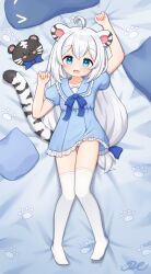 Rule 34 | 1girl, absurdres, ahoge, animal ears, arm up, bed sheet, blue bow, blue dress, blue eyes, blue sailor collar, blush, bow, commentary request, commission, dress, frilled dress, frills, full body, highres, indie virtual youtuber, j2l, long hair, looking at viewer, lying, myoya (vtuber), no shoes, on back, open mouth, panties, puffy short sleeves, puffy sleeves, sailor collar, sailor dress, short dress, short sleeves, sidelocks, smile, solo, striped tail, tail, thighhighs, tiger ears, tiger girl, tiger tail, underwear, virtual youtuber, white hair, white panties, white thighhighs