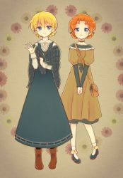 Rule 34 | 10s, 2girls, bag, black ribbon, blonde hair, blue eyes, boots, braid, brown background, brown dress, brown footwear, carrying, casual, closed mouth, commentary, darjeeling (girls und panzer), dress, floral background, frilled shirt collar, frilled sleeves, frills, full body, girls und panzer, green dress, green footwear, hair ribbon, handbag, highres, kosame koori, layered sleeves, long dress, long sleeves, looking at viewer, medium dress, multiple girls, orange hair, orange pekoe (girls und panzer), own hands together, parted bangs, pinafore dress, ribbon, shawl, shirt, shoes, short hair, short over long sleeves, short sleeves, sleeveless dress, smile, socks, standing, traditional media, twin braids, v arms, waving, white legwear, white shirt