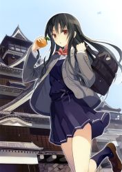 Rule 34 | 1girl, absurdres, aircraft, airplane, architecture, bag, black hair, blazer, blue socks, bow, bowtie, brown eyes, east asian architecture, food, from below, fruit, highres, jacket, loafers, long hair, miz, open mouth, orange (fruit), pleated skirt, scan, school bag, school uniform, shoes, shoulder bag, skirt, socks, solo