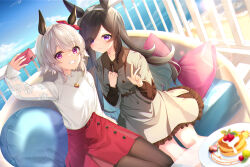 Rule 34 | 2girls, animal ears, breasts, brown dress, brown hair, brown pantyhose, cellphone, closed mouth, cloud, commentary, couch, curren chan (umamusume), dress, feet out of frame, food, grey hair, grin, hair over one eye, highres, holding, holding phone, horizon, horse ears, jewelry, long hair, multiple girls, necklace, ocean, outdoors, pancake, pantyhose, phone, pillow, plate, purple eyes, red skirt, rice shower (umamusume), rukinya (nyanko mogumogu), selfie, shirt, shirt tucked in, short hair, sitting, skirt, sleeves past wrists, small breasts, smartphone, smile, symbol-only commentary, table, umamusume, v, white shirt