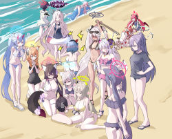Rule 34 | &gt; &lt;, 1boy, 6+girls, ?, absurdly long hair, ahoge, ako (blue archive), alternate costume, alternate hairstyle, anger vein, animal ear fluff, animal ears, armpits, arms behind back, arms up, azusa (blue archive), azusa (swimsuit) (blue archive), bare shoulders, beach, belt, bikini, black bikini, black hair, black hairband, black one-piece swimsuit, black shirt, blue archive, blue eyes, blue hair, blush, blush stickers, breasts, buried, cat ears, chise (blue archive), chise (swimsuit) (blue archive), cleavage, closed eyes, closed mouth, collarbone, commentary request, competition swimsuit, dark skin, demon horns, demon wings, eyewear on head, flip-flops, flower, flying sweatdrops, fox ears, fox tail, frilled one-piece swimsuit, frills, from above, from behind, full body, green eyes, grey background, grey hair, hair between eyes, hair flower, hair ornament, hairband, hairclip, halo, heart, highres, hina (blue archive), hina (swimsuit) (blue archive), holding, holding sword, holding weapon, horns, hoshino (blue archive), hoshino (swimsuit) (blue archive), iori (blue archive), iori (swimsuit) (blue archive), izumi (blue archive), izumi (swimsuit) (blue archive), junko (blue archive), kneeling, large breasts, long hair, looking at another, lying, mari (blue archive), mari (swimsuit) (blue archive), mismatched pupils, multi-strapped bikini bottom, multiple girls, navel, nonomi (blue archive), nonomi (swimsuit) (blue archive), ocean, off-shoulder bikini, off shoulder, on stomach, one-piece swimsuit, orange hair, own hands clasped, own hands together, pink hair, ponytail, puff of air, purple eyes, purple hair, red bikini, red eyes, sandals, school swimsuit, sensei (blue archive), serika (blue archive), serika (swimsuit) (blue archive), shiroko (blue archive), shiroko (swimsuit) (blue archive), shirt, short sleeves, side-tie bikini bottom, sidelocks, sitting, smile, spaghetti strap, squatting, squiggle, standing, stomach, striped bikini, striped clothes, sunglasses, sweatdrop, swimsuit, sword, tail, thighlet, tonomiya68, top-down bottom-up, trapped, twintails, two side up, very long hair, wakamo (blue archive), wakamo (swimsuit) (blue archive), walking, wariza, weapon, white bikini, wings, wooden sword, yellow bikini, yellow eyes, yuuka (blue archive)