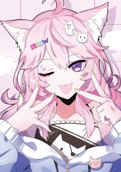 Rule 34 | 1girl, ahoge, alternate costume, animal ear fluff, animal ears, cat ears, cat girl, fang, fang out, hands on own face, highres, long hair, looking at viewer, nail polish, nyatasha nyanners, off shoulder, official art, one eye closed, paw print, pink hair, puppeteer7777, purple eyes, shirt, solo, straight-on, tongue, tongue out, transparent background, virtual youtuber, vshojo, w, yellow nails