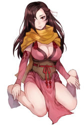 Rule 34 | 1girl, bare legs, barefoot, bow, breasts, brown eyes, brown hair, brown scarf, cleavage, closed mouth, detached sleeves, dress, fire emblem, fire emblem fates, fire emblem heroes, forehead, full body, hair over one eye, hair ribbon, head tilt, jurge, kagero (fire emblem), large breasts, long hair, long sleeves, looking at viewer, medium breasts, ninja, nintendo, pelvic curtain, pink dress, ponytail, red eyes, red ribbon, ribbon, sash, scarf, sitting, solo, swept bangs, underbust, very long hair, wariza, white bow, white ribbon