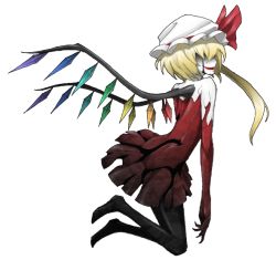 Rule 34 | 1girl, atlus, bad id, bad pixiv id, bare shoulders, blonde hair, bow, dress, embodiment of scarlet devil, female focus, flandre scarlet, full body, hat, hat bow, mazeran, pantyhose, persona, red dress, red skirt, side ponytail, skirt, smirk, solo, touhou, transparent background, vampire, wings