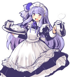 Rule 34 | 1girl, :d, alternate costume, apron, bad id, bad nicoseiga id, blue hair, cup, dress, enmaided, frills, hair ornament, hair ribbon, kotonoha aoi, long hair, long skirt, long sleeves, looking at viewer, maid, maid apron, maid headdress, nise nanatsura, open mouth, puffy long sleeves, puffy sleeves, purple hair, red eyes, ribbon, simple background, skirt, smile, solo, tea set, teacup, teapot, tray, vocaloid, voiceroid, white background