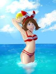 Rule 34 | 1girl, armpits, arms up, ball, barefoot, beach, beachball, bikini, blue eyes, bow, breasts, brown hair, cleavage, creatures (company), day, eyelashes, feet, female focus, fingernails, game freak, gen 6 pokemon, hair bow, hair ornament, hair ribbon, happy, highres, holding, holding ball, holding beachball, legs, legs together, looking away, may (pokemon), may (pokemon oras), medium hair, midriff, navel, nintendo, nocunoct, open mouth, outdoors, partially submerged, playing, pokemon, pokemon oras, red bikini, red bow, red ribbon, ribbon, shiny skin, short ponytail, side bangs, sky, standing, striped bikini, striped clothes, summer, sunlight, swimsuit, thighs, toes, two-tone bikini, two-tone ribbon, water, water drop, wet
