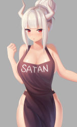 Rule 34 | 1girl, absurdres, alternate breast size, apron, bare shoulders, black apron, blush, breasts, cleavage, demon girl, demon horns, grey background, hair bun, helltaker, highres, horns, large breasts, long hair, looking at viewer, lucifer (helltaker), milk box (leoleo963852741), mole, mole under eye, naked apron, open mouth, red eyes, single hair bun, solo, standing, white hair, white horns