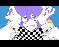 Rule 34 | 1boy, alternate hair color, blood, blood from mouth, checkered background, checkered clothes, checkered scarf, commentary, danganronpa (series), danganronpa v3: killing harmony, fenecck, green background, grin, hair between eyes, hands in hair, hands up, highres, jacket, letterboxed, long sleeves, male focus, oma kokichi, pink blood, portrait, purple hair, scarf, smile, solo, teardrop facial mark, twitter username, watermark