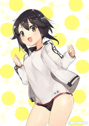 Rule 34 | 10s, 1girl, :d, black hair, blush, breasts, brown eyes, buruma, clenched hand, cowboy shot, fang, gym uniform, hayasui (kancolle), highres, jacket, kantai collection, long sleeves, looking at viewer, looking down, naitou ryuu, open clothes, open jacket, open mouth, shiny skin, short hair, small breasts, smile, solo, sparkle, track jacket, twitter username
