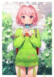 Rule 34 | 1girl, animal, animal on head, backpack, bag, bandaid, bird, bird on head, blush, border, brick wall, clothes writing, commentary request, cowboy shot, cup, day, drawstring, drinking, gluteal fold, green sweater, heart, heart in eye, highres, holding, holding cup, hood, hood down, hoodie, long sleeves, looking at viewer, mixed-language commentary, multicolored nails, nail polish, nijihashi sora, on head, original, outdoors, outside border, pink hair, purple eyes, short hair, solo, sweater, symbol in eye, tail, thighs, white border