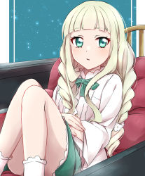 Rule 34 | 10s, 1girl, aikatsu!, aikatsu! (series), alternate hairstyle, aqua eyes, blouse, blue background, blunt bangs, blush, bow, bowtie, braid, chair, couch, dress, feet out of frame, frills, green bow, green bowtie, green skirt, hair ornament, highres, indoors, knees up, long hair, long sleeves, looking at viewer, neck ribbon, night, night sky, open mouth, parted lips, pillow, ribbon, sekina, shirt, sitting, skirt, sky, socks, solo, star (sky), starry sky, todo yurika, twin braids, twintails, white hair, white shirt, white socks, wide sleeves, window