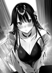 Rule 34 | 1girl, absurdres, bare shoulders, blush, breasts, choker, cleavage, greyscale, highres, hitotsuba kaede, kakao (chocolate land), large breasts, looking at viewer, monochrome, ryoushin no shakkin, second-party source, solo