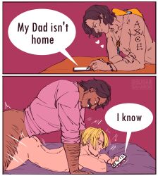 Rule 34 | 3boys, absurdres, age difference, anal, ass, bae come over (meme), beard, bed, black hair, blonde hair, blush, body hair, bottomless, closed mouth, completely nude, english text, facial hair, father and son, from behind, gol d. roger, hairy, highres, holding, holding phone, lying, male focus, male penetrated, mature male, meme, multiple boys, muscular, muscular male, mustache, navel, nipples, nude, on bed, on stomach, one piece, pectorals, penis, phone, portgas d. ace, profile, prone bone, sanji (one piece), sex, sex from behind, short hair, smile, speech bubble, sugar saharok, teeth, thighs, yaoi