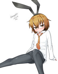 Rule 34 | 1girl, absurdres, animal ears, black pantyhose, brown eyes, collared shirt, dress shirt, fake animal ears, feet out of frame, highres, invisible chair, kantai collection, maru (marg0613), pantyhose, rabbit ears, shirt, short hair, simple background, sitting, solo, wakaba (kancolle), white background, white shirt
