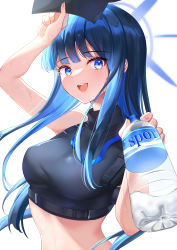 Rule 34 | 1girl, :d, absurdres, arm up, bare arms, bare shoulders, black shirt, blue archive, blue eyes, blue hair, bottle, breasts, commentary, crop top, highres, holding, holding bottle, long hair, looking at viewer, medium breasts, midriff, open mouth, sakurahuji-iro, saori (blue archive), shirt, simple background, sleeveless, sleeveless shirt, smile, solo, stomach, upper body, very long hair, water bottle, white background