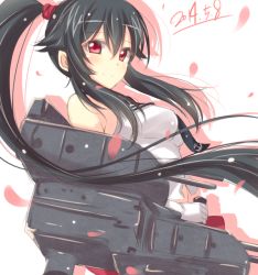 Rule 34 | 10s, 1girl, black hair, gloves, jiino, kantai collection, long hair, looking at viewer, machinery, ponytail, red eyes, smile, solo, turret, yahagi (kancolle)